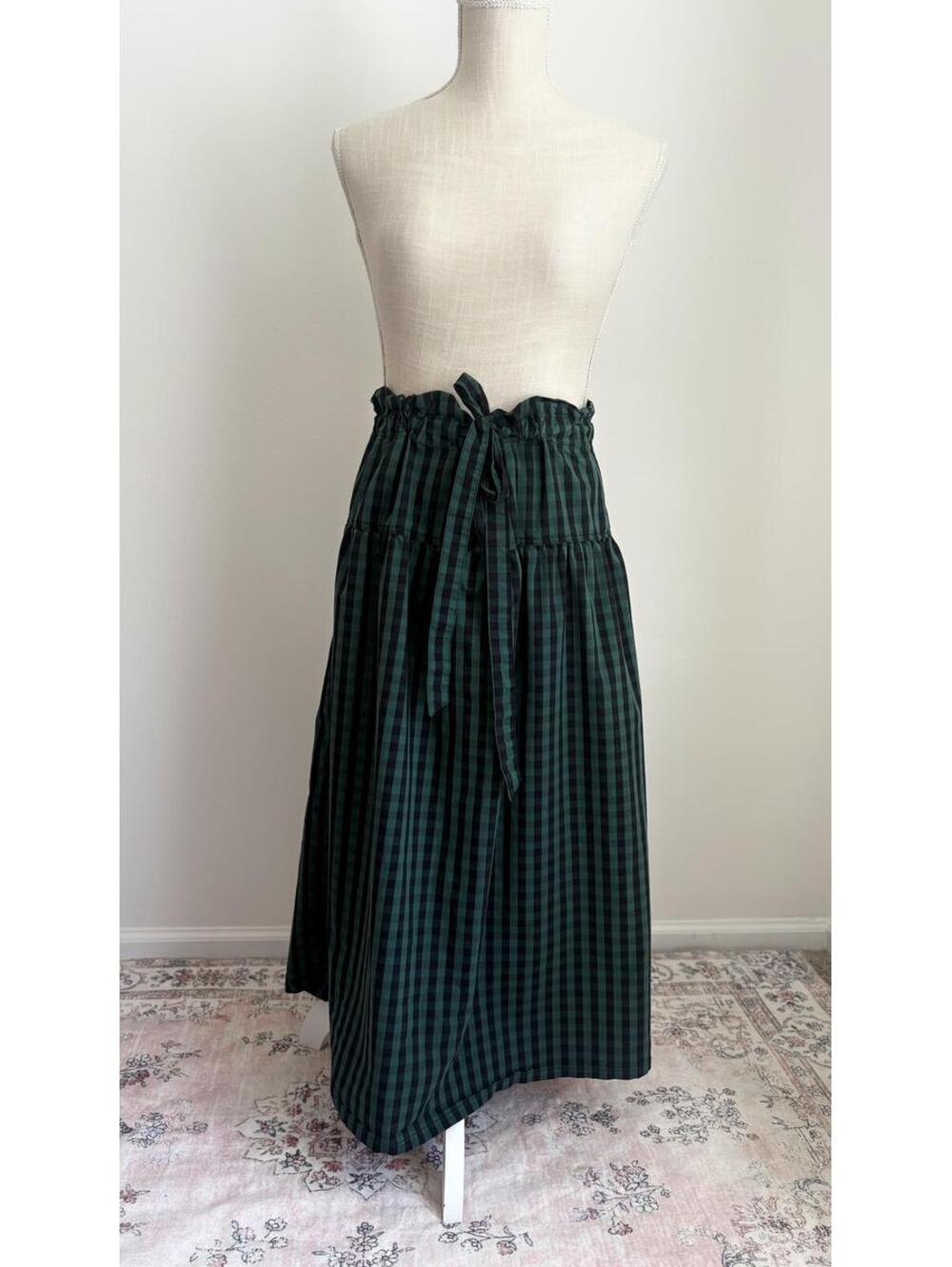 Draper James Green and Black Gingham Elastic Waist Midi Skirt